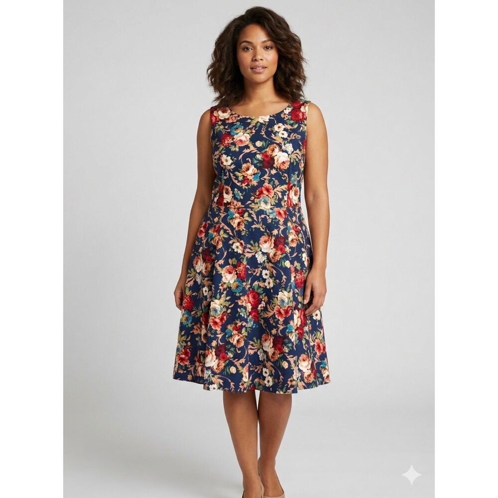 OWIN Sz 2XL Navy Floral Midi Dress, Sleeveless Fit & Flare, Fall Autumn NWT